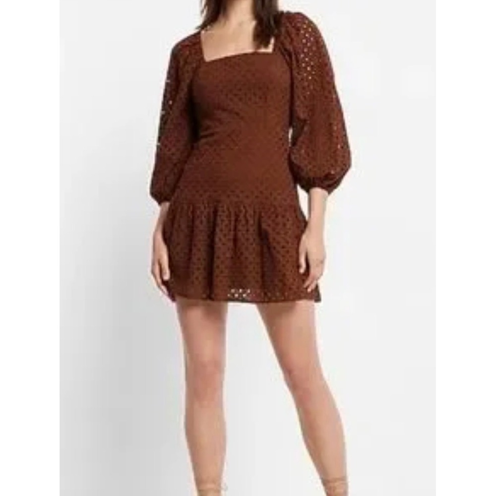 Express Brown Eyelet Square Neck Puff Sleeve Mini Dress  Size Small